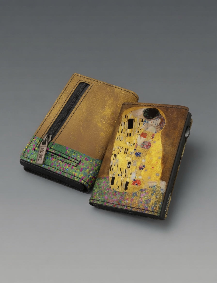 Moero Bacio di Klimt Limited Edition – Portafoglio RFID in Vera Pelle Saffiano con Chiusura Magnetica e Portamonete Zip